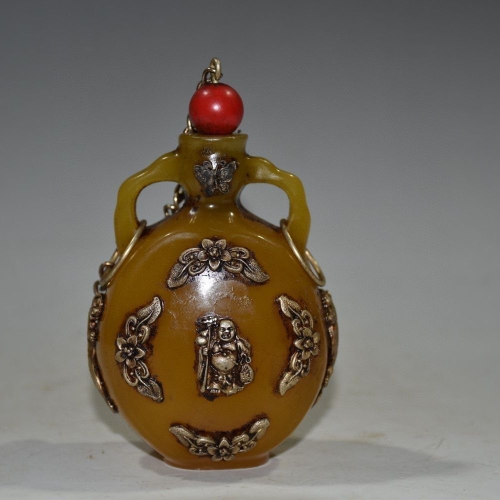 Vintage Collectible Bottles - Antyczna kolekcjonerska rzeźbiona bursztynowa tabakierka z
